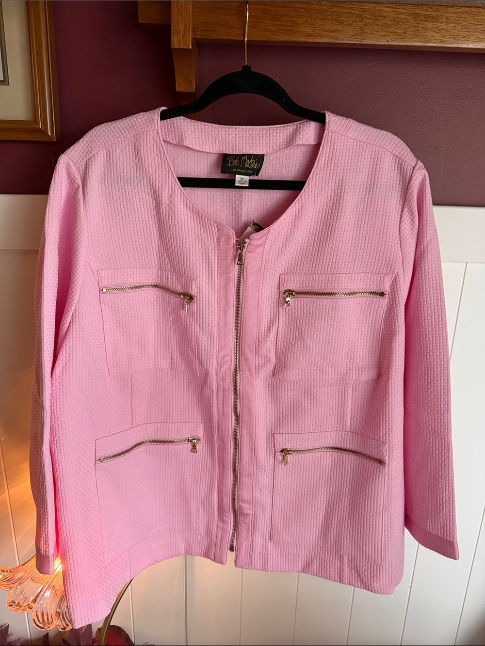 Bob Mackie Light Pink Zip-Front Textured Jacket
